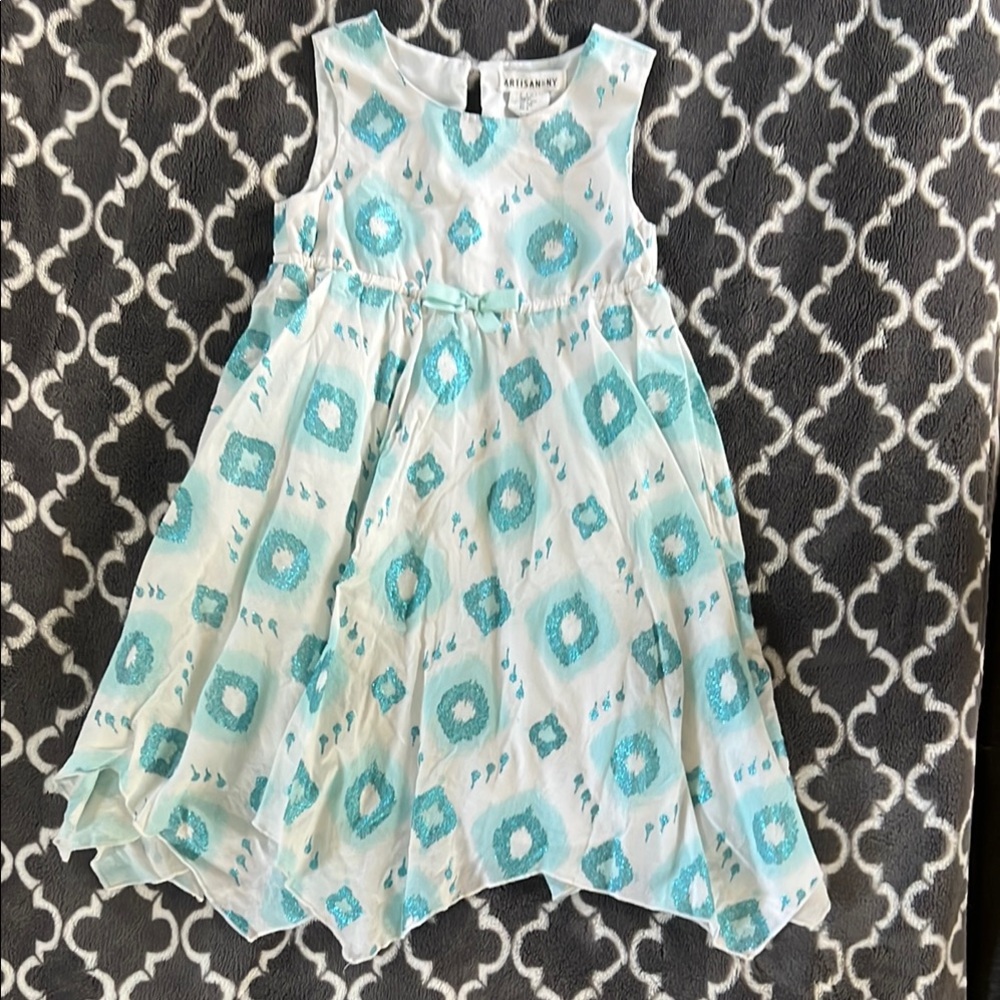 Little Girls’ Artisan NY Blue and White Patterned Dress